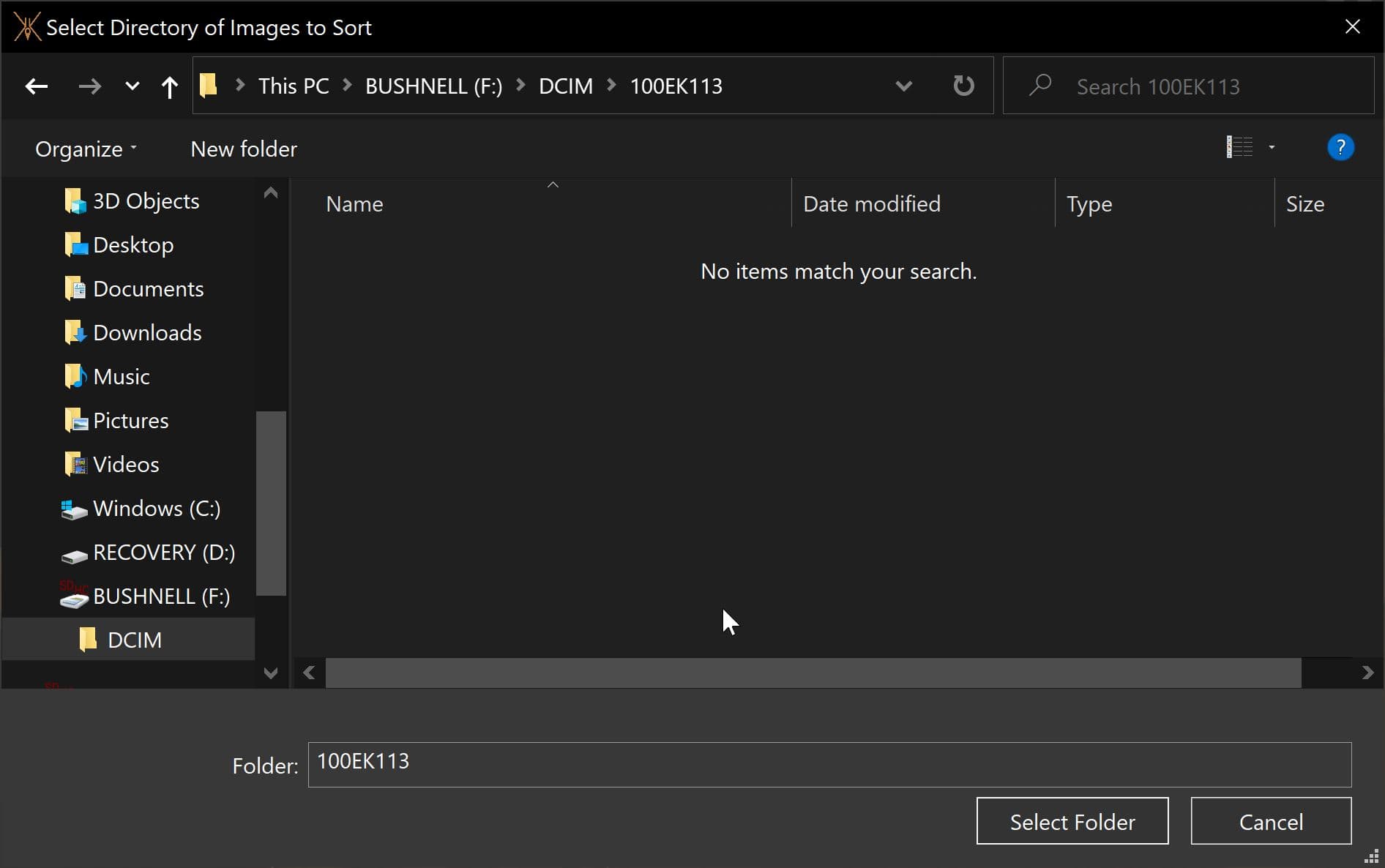Folder picker inside 100EK113 showing 'No items match your search' even though the folder contains pictures