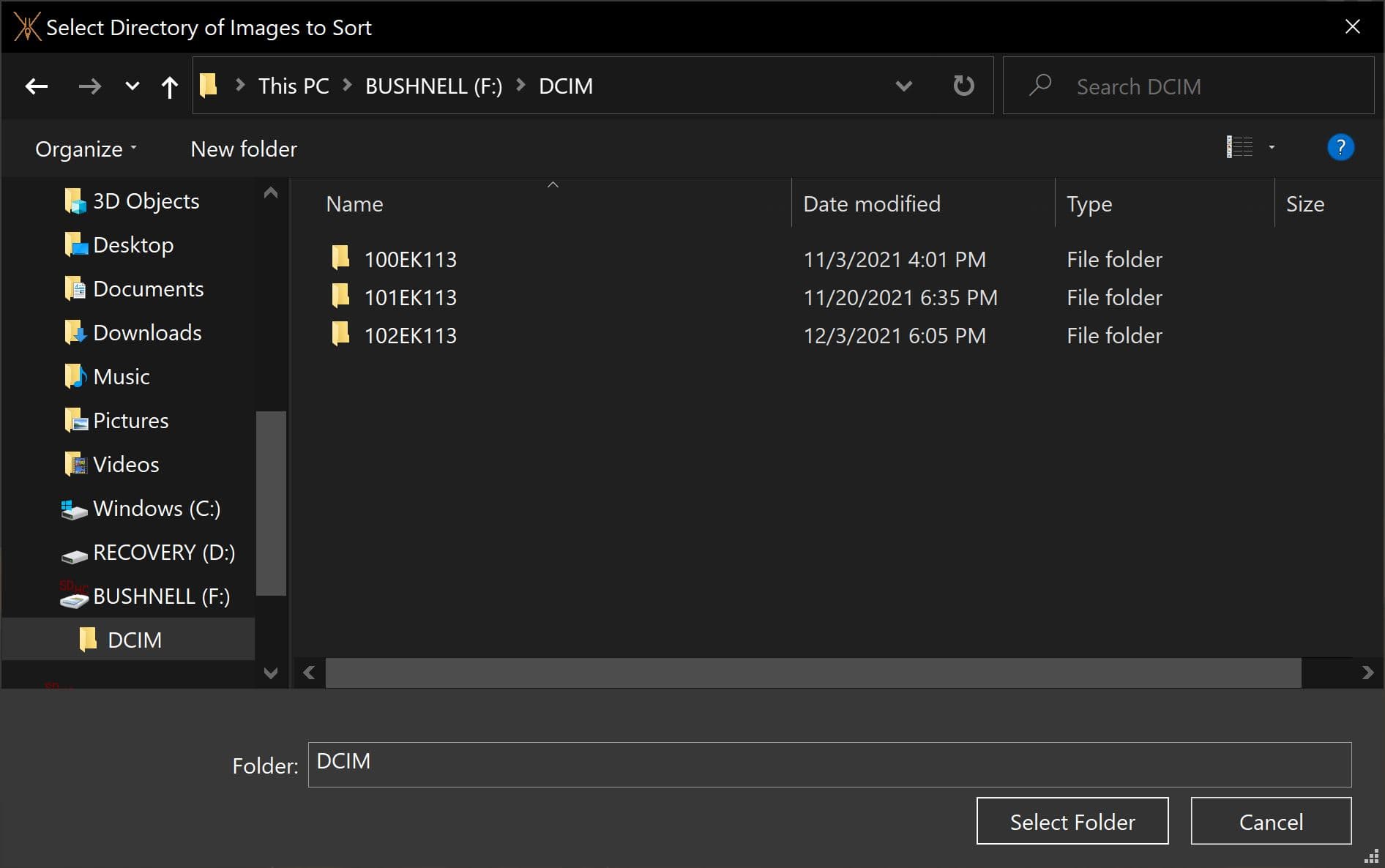 Folder picker showing the DCIM folder on a Bushnell SD card with subfolders 100EK113, 101EK113, and 102EK113
